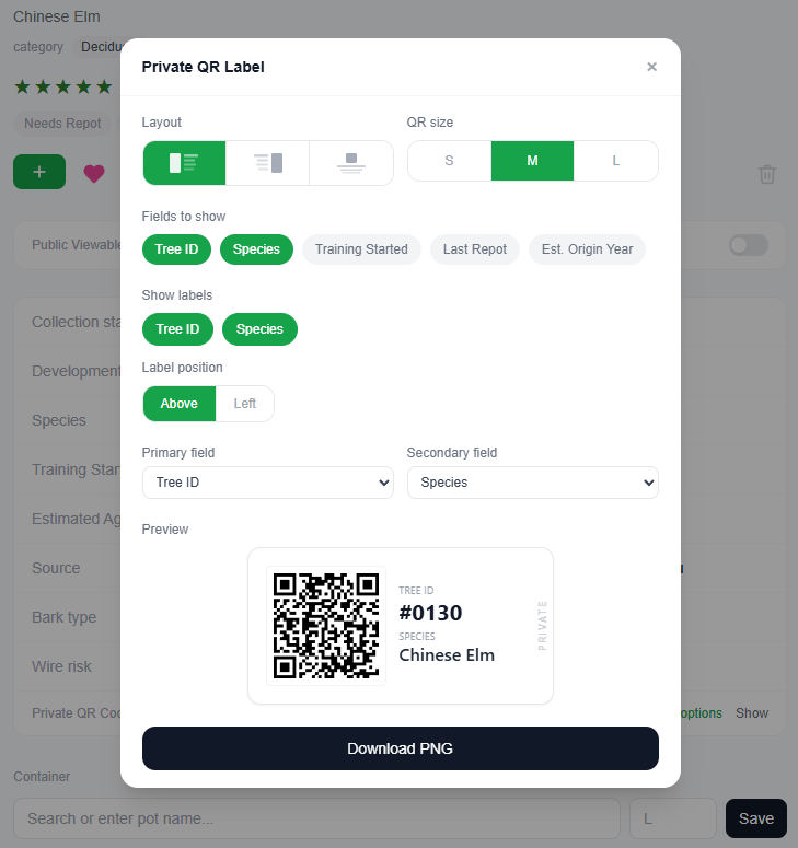 QR label card modal showing layout options, field selection and live preview with a private label